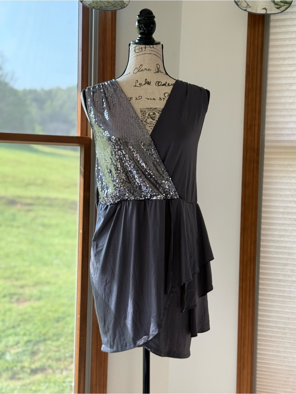 Urban Outfitters Charcoal One-Shoulder Sequin Wrap Dress